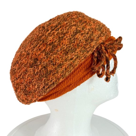 Everett Original Knitted Beret Hat VTG 70s Orange Brown Textured Wool Bow Retro - Picture 2 of 13